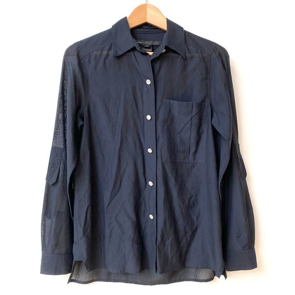 Marc by Marc Jacobs Silk Blend Navy Roll Tab Blouse Size 0